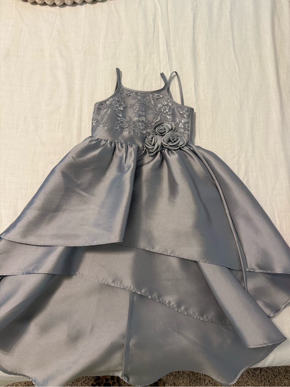 Girls' Silver Satin Floral Tiered Party Dress
